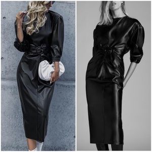 NWT Zara Black Faux Leather Draped Belt Midi Dress
